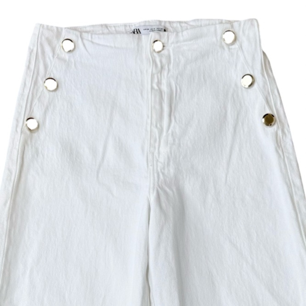Zara White Wide Leg Cropped Jeans High Rise Gold Button Sailor Size 6 Nautical - Picture 6 of 9